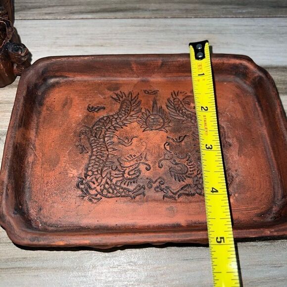 Yixing Zi Ni Vintage Brown Clay Miniature Tea Pot Set With Tray Carved 6 Piece - Picture 4 of 11